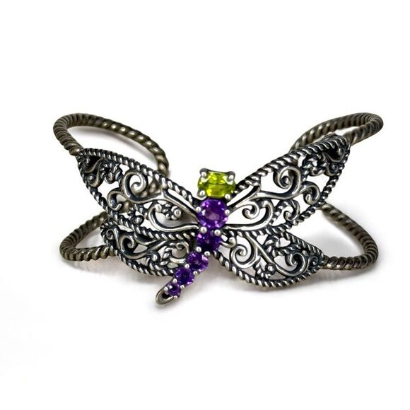 Vintage Carolyn Pollack Amethyst & Peridot Dragonfly Cuff Sterling Bracelet - Picture 1 of 5